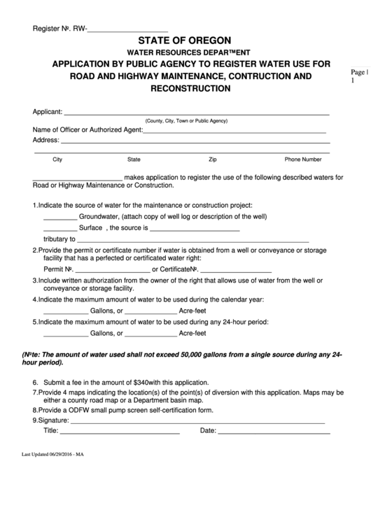 Application By Public Agency To Register Water Use For Road And Highway Maintenance, Contruction And Reconstruction Form - State Of Oregon Water Resources Department Printable pdf