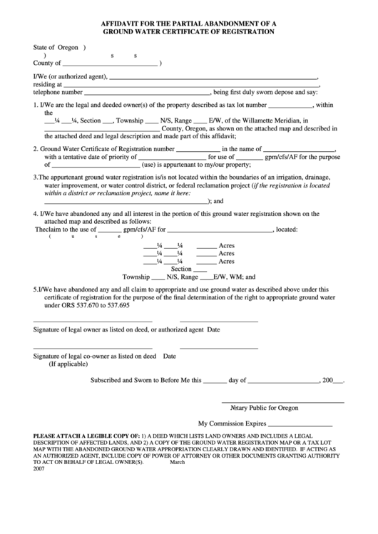 Fillable Affidavit For The Partial Abandonment Of A Ground Water Certificate Of Registration Form - Oregon Printable pdf