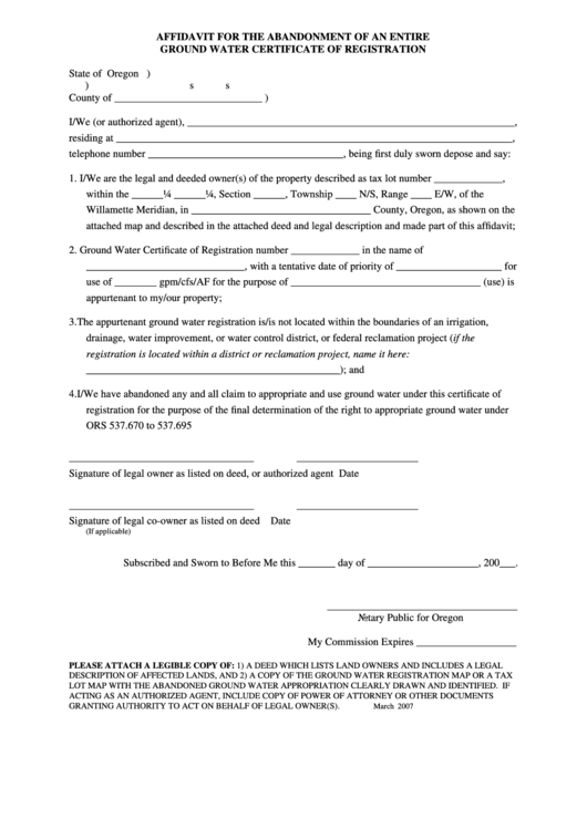 Fillable Affidavit For The Abandonment Of An Entire Ground Water Certificate Of Registration Form - Oregon Printable pdf