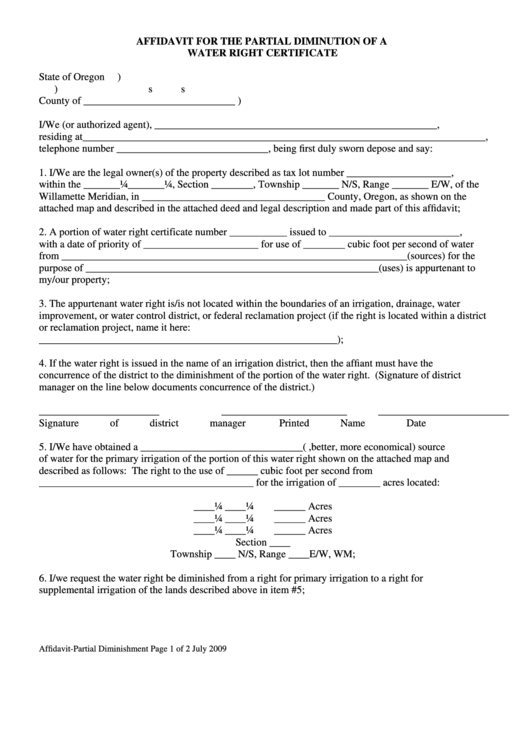 Fillable Affidavit For The Partial Diminution Of A Water Right Certificate Form - Oregon Printable pdf