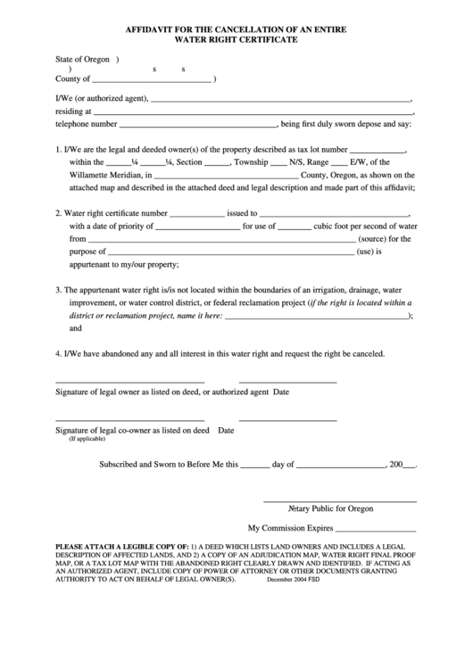Fillable Affidavit For The Cancellation Of An Entire Water Right Certificate Form - Oregon Printable pdf
