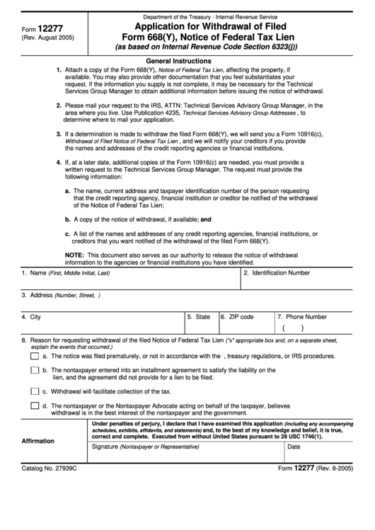 Form 12277 - Application For Withdrawal Of Filed Form 668(Y), Notice Of Federal Tax Lien Printable pdf