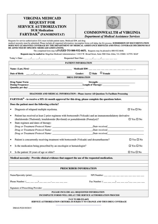 Form Dmas-P220 - Virginia Medicaid Request For Service Authorization - Farydak Printable pdf