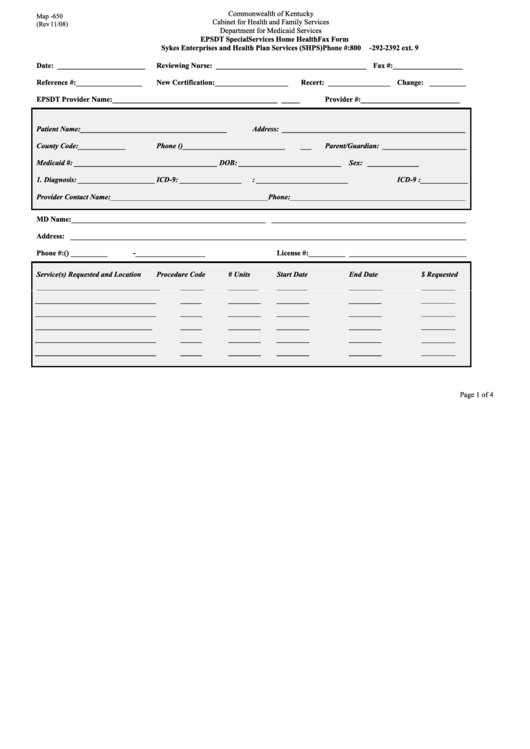 Form Map 650 - Epsdt Special Services Home Health Fax Form - Kentucky Cabinet For Health And Family Services Department For Medicaid Services Printable pdf
