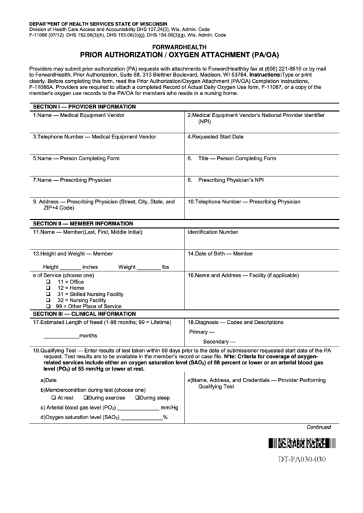 Form F-11066 - Forwardhealth Prior Authorization/oxygen Attachment (Pa/oa) - Wisconsin, Department Of Health Services Printable pdf