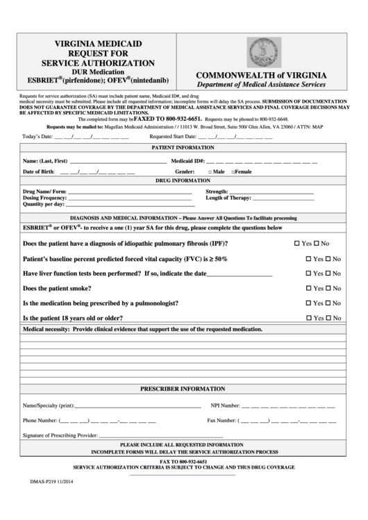 Form Dmas-P219 - Virginia Medicaid Request For Service Authorization - Esbriet Or Ofev Printable pdf