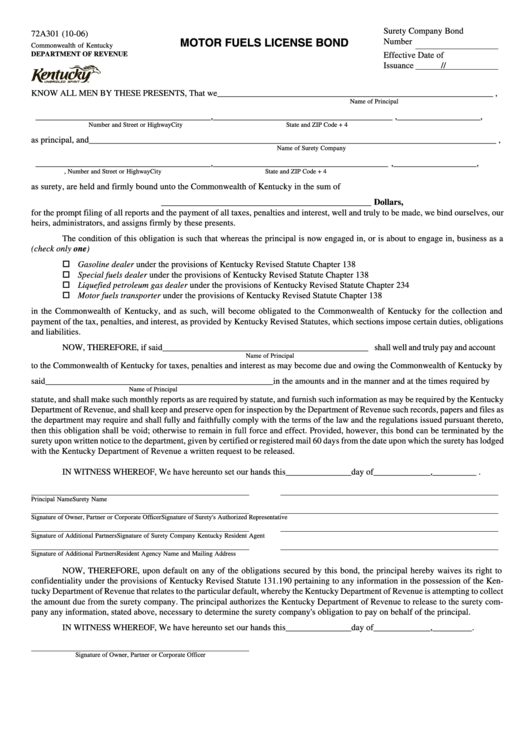 Form 72a301 - Motor Fuels License Bond Printable pdf