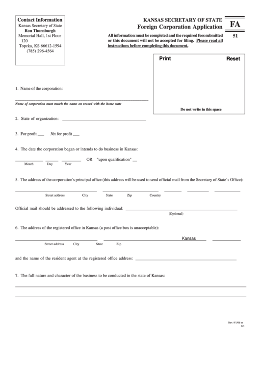 Fillable Form Fa 51 - Foreign Corporation Application - Kansas Secretary Of State Printable pdf