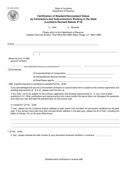 Fillable Form R-1340 - Certification Of Resident/nonresident Status By Contractors And Subcontractors Working In The State Printable pdf