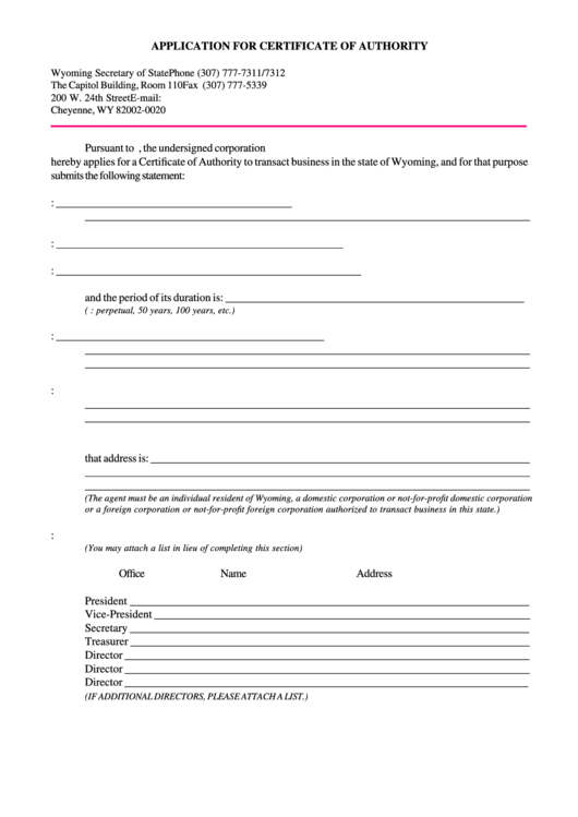 Fillable Application For Certificate Of Authority, Consent To Appointment By Registered Agent Forms - Wy Secretary Of State - 2007, 2003 Printable pdf