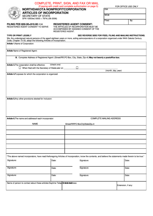 Fillable Form Sfn 13003w - North Dakota Nonprofit Corporation Articles Of Incorporation Printable pdf