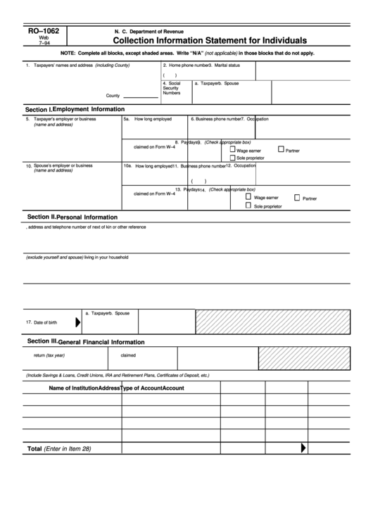 Form Ro-1062 - Collection Information Statement For Individuals - N. C. Department Of Revenue Printable pdf