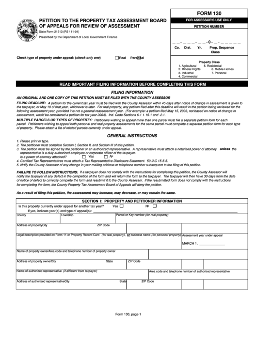 Fillable Form 130 - Petition To The Property Tax Assessment Board Of Appeals For Review Of Assessment Printable pdf