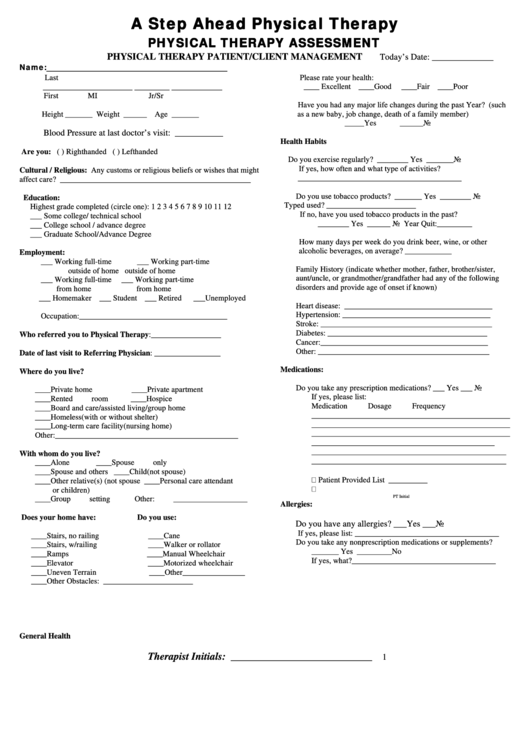 Physical Therapy Assessment Form printable pdf download