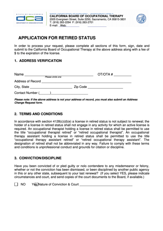 Fillable Form Ars - Application For Retired Status - California Board Of Occupational Therapy Printable pdf