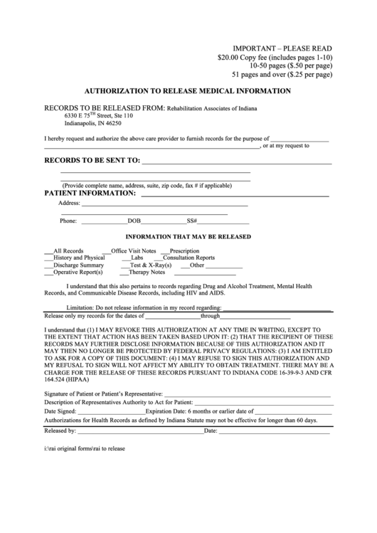 Indiana Authorization To Release Medical Information Form Printable pdf