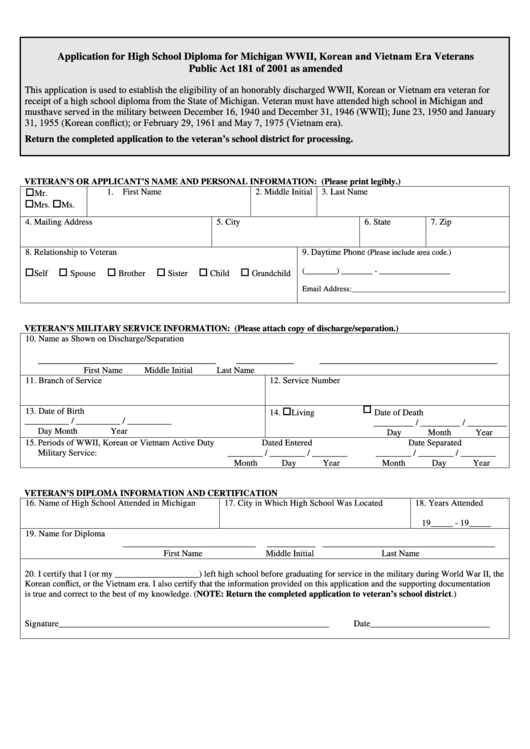 Application For High School Diploma For Michigan Wwii, Korean And Vietnam Era Veterans Form Printable pdf