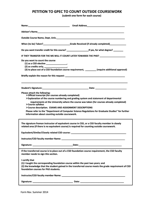 Fillable Form Rev - Petition To Gpec To Count Outside Coursework Printable pdf