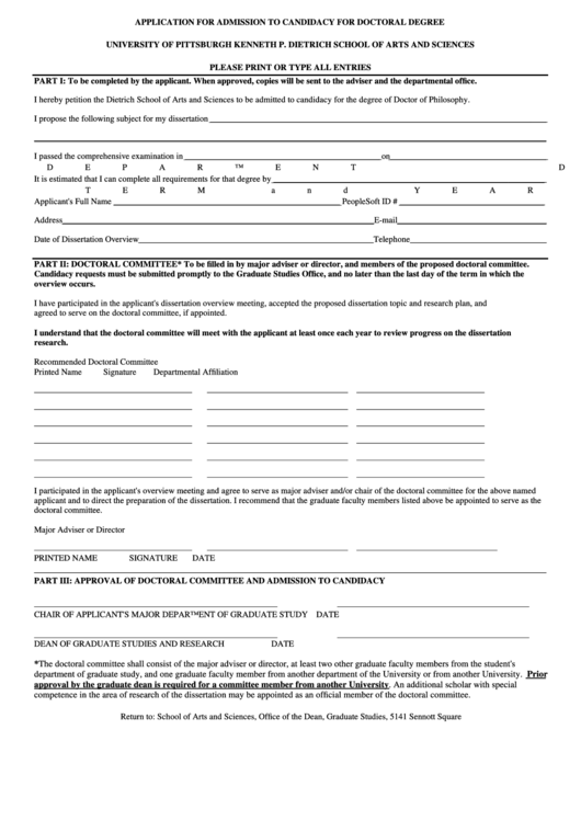 Application For Admission To Candidacy For Doctoral Degree Form - University Of Pittsburgh Kenneth P. Dietrich School Of Arts And Sciences