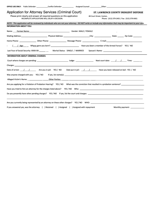 Application For Attorney Services (Criminal Court) Form - St. Lawrence County Indigent Defense Printable pdf
