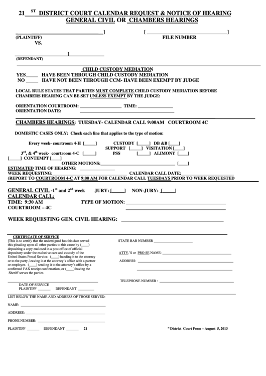 21st District Court Calendar Request And Notice Of Hearing For General Civil Or Chambers Hearing Form Printable pdf