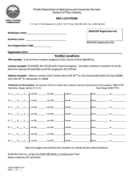 Bee Locations Worksheet - Florida Department Of Agriculture And Consumer Services, Division Of Plant Industry Printable pdf