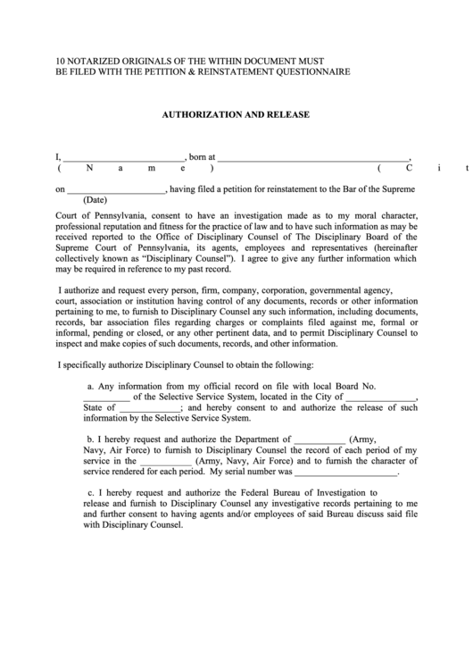 Fillable Authorization And Release Form - Bar Of The Supreme Court Of Pennsylvania Printable pdf