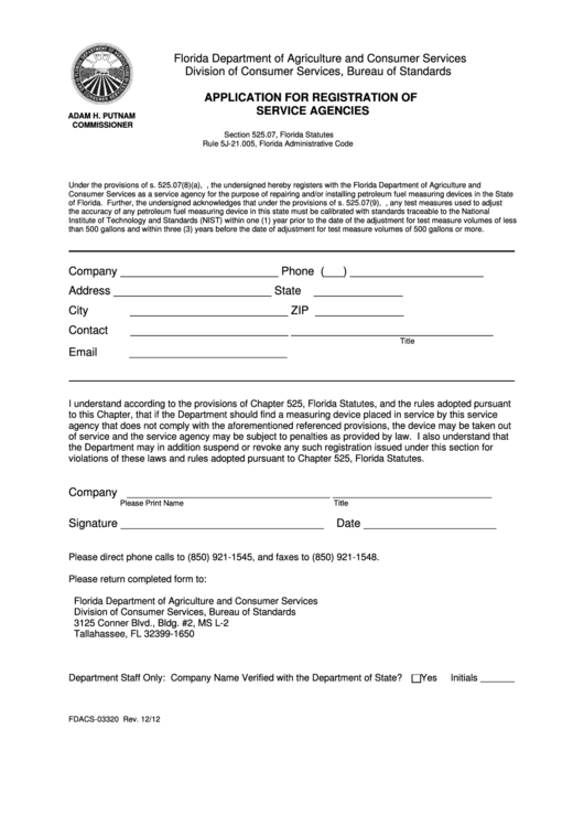 Fdacs-03320 Application Form For Registration Of Service Agencies - Florida Department Of Agriculture And Consumer Services, Division Of Consumer Services, Bureau Of Standards Printable pdf