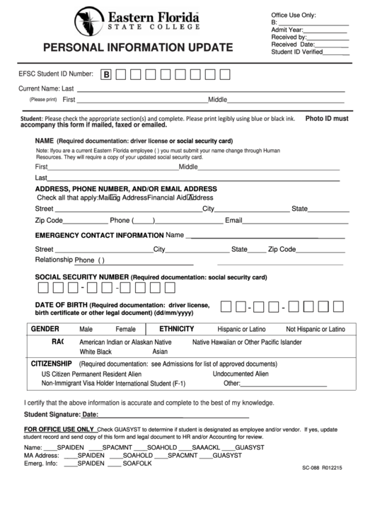 Fillable Form Sc-088 R012215 - Personal Information Update Printable pdf