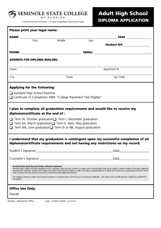 Adult High School Diploma Application Form