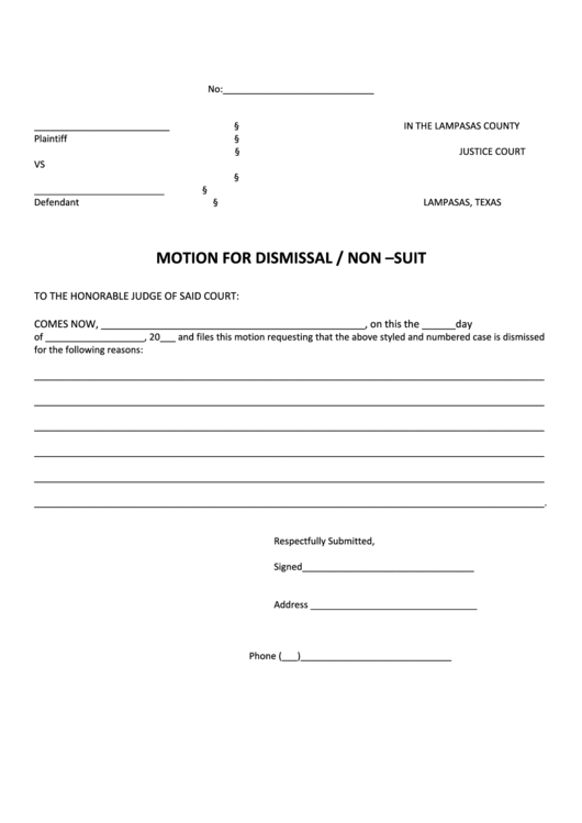 Motion For Dismissal / Non -Suit - Lampasas Countyjustice Court Printable pdf
