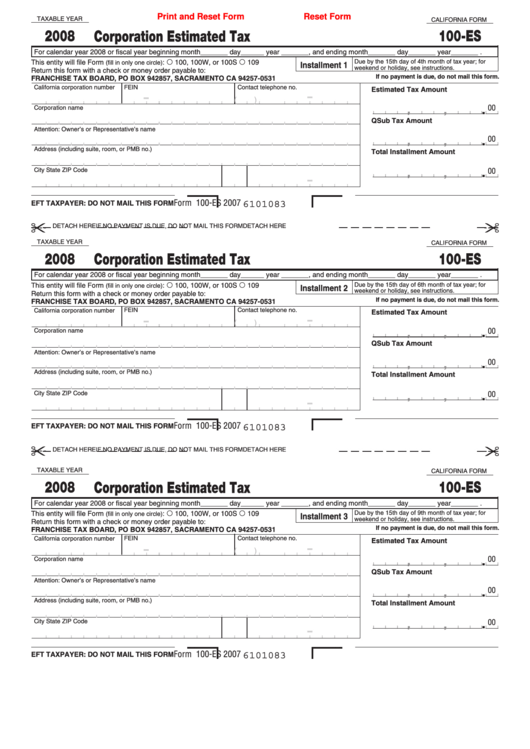 Fillable California Form 100-Es - Corporation Estimated Tax - 2008 Printable pdf