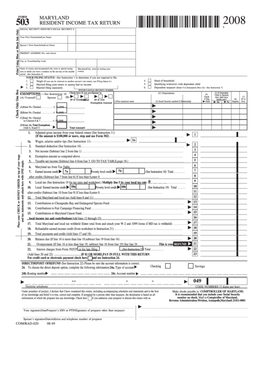 Fillable Form 503 - Maryland Resident Income Tax Return - 2008 Printable pdf