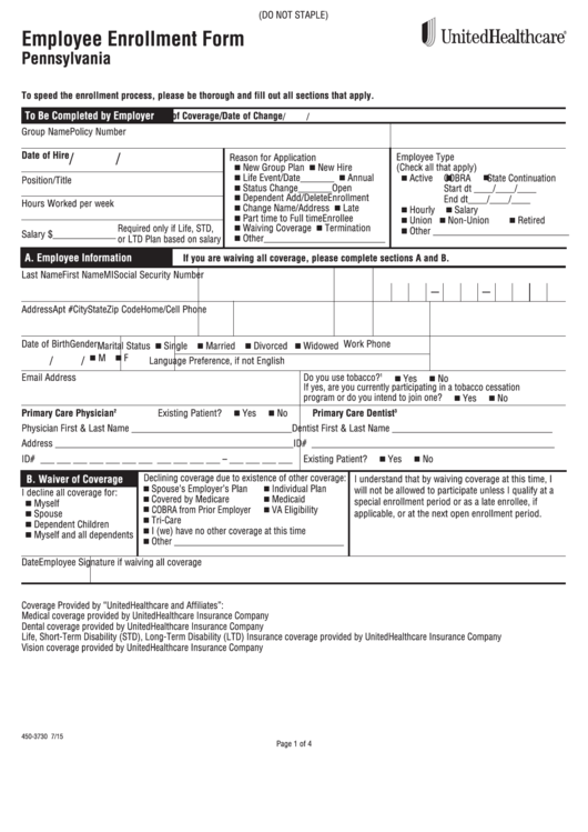 Fillable Form Sg.ee.16.pa - Employee Enrollment - Pennsylvania - 2015 Printable pdf