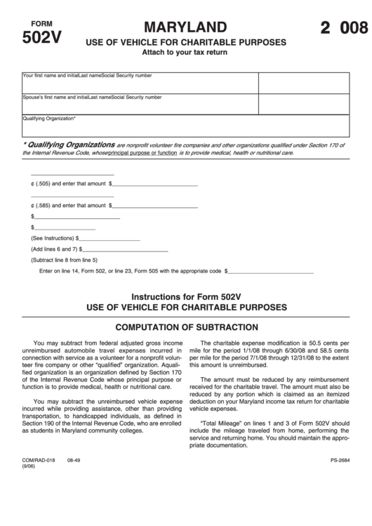 Fillable Form 502v - Use Of Vehicle For Charitable Purposes - 2008 Printable pdf