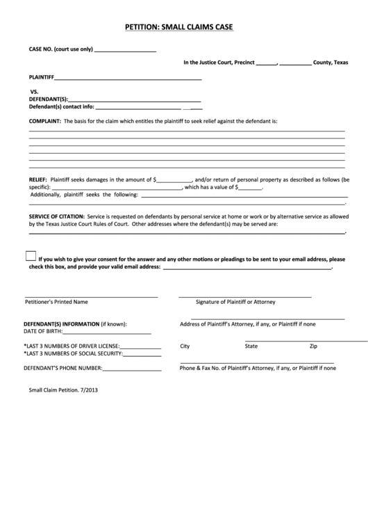 Petition: Small Claims Case Template 2013 printable pdf download