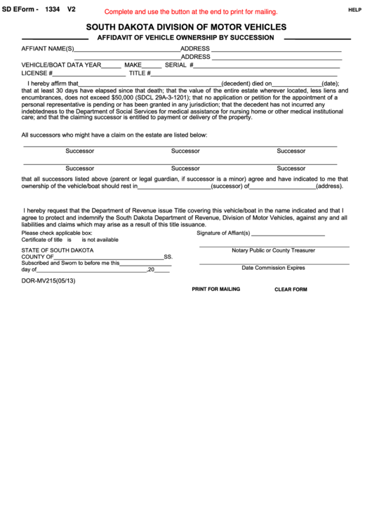 Fillable Sd E Form-1334 V2 - Affidavit Of Vehicle Ownership By Succession Printable pdf