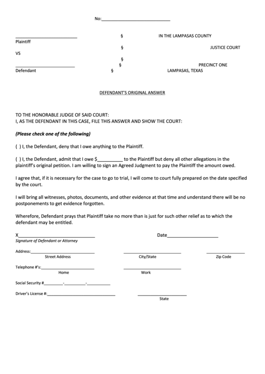 Defendant #39 S Original Answer Lampasas Countyjustice Court printable