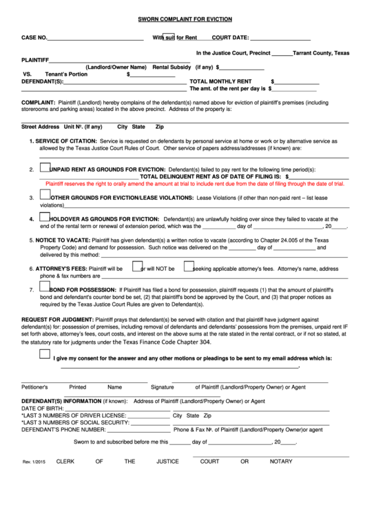 Sworn Complaint For Eviction - Texas Justice Court - 2015 Printable pdf