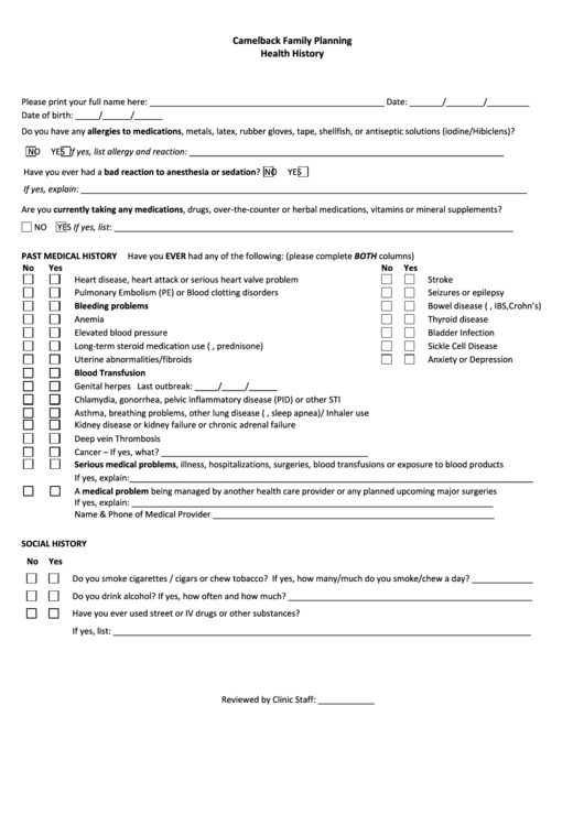 Health History Form Printable pdf