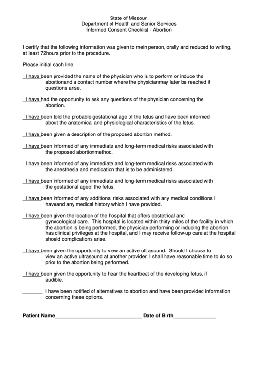 Informed Consent Checklist - Abortion Template Printable pdf