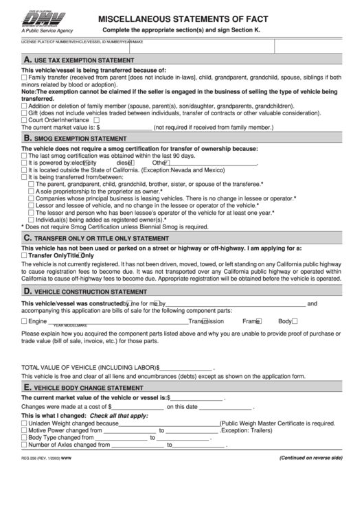 Fillable Form Reg 256 - Miscellaneous Statements Of Fact Printable pdf