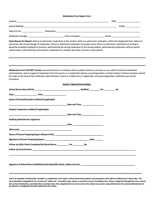 Medication Error Report Form Printable pdf