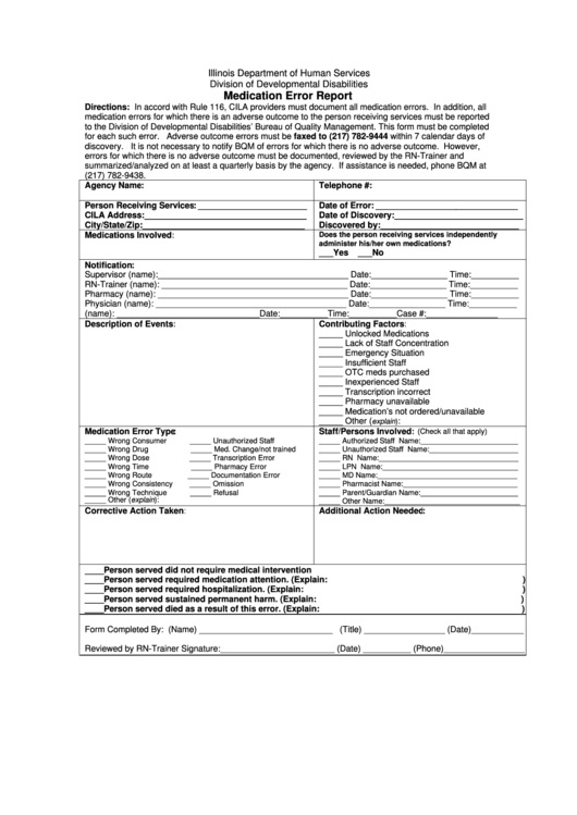 Medication Error Report Form - Illinois Department Of Human Services Printable pdf