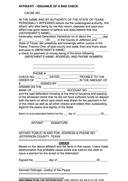 Issuance Of A Bad Check Form - County Of Jefferson Printable pdf