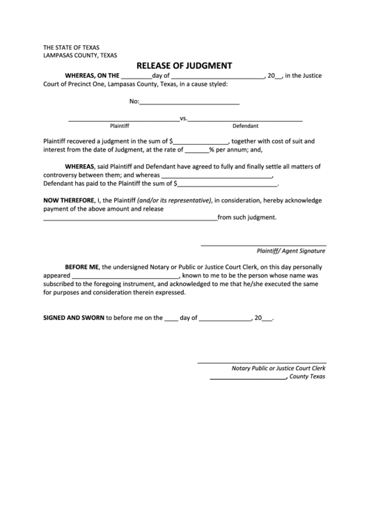 Release Of Judgment Form - Lampasas County, Texas Printable pdf