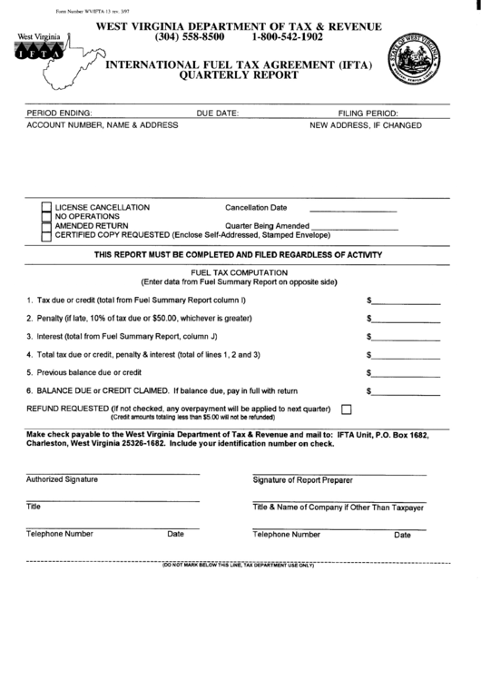 Fillable Form Wv/ifta-13 - International Fuel Tax Agreement Quarterly Report - 1997 Printable pdf