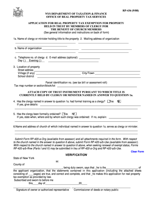 Fillable Form Rp-436 - Application For Real Property Tax Exemption For Propert The Benefit Of Church Members - 2008 Printable pdf