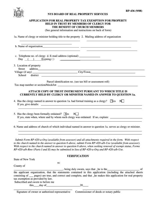 Form Rp-436 -Application For Real Property Tax Exemption For Propert The Benefit Of Church Members - 2008 Printable pdf