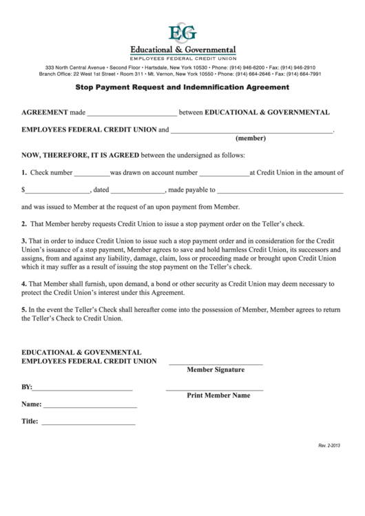 Fillable Stop Payment Request And Indemnification Agreement Form Printable pdf